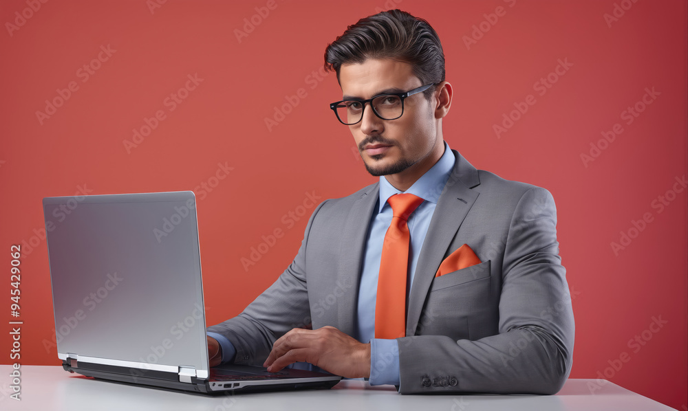 A man in a gray suit is working on a laptop in front of a red background A man in a gray suit is working on a laptop in front of a red background
