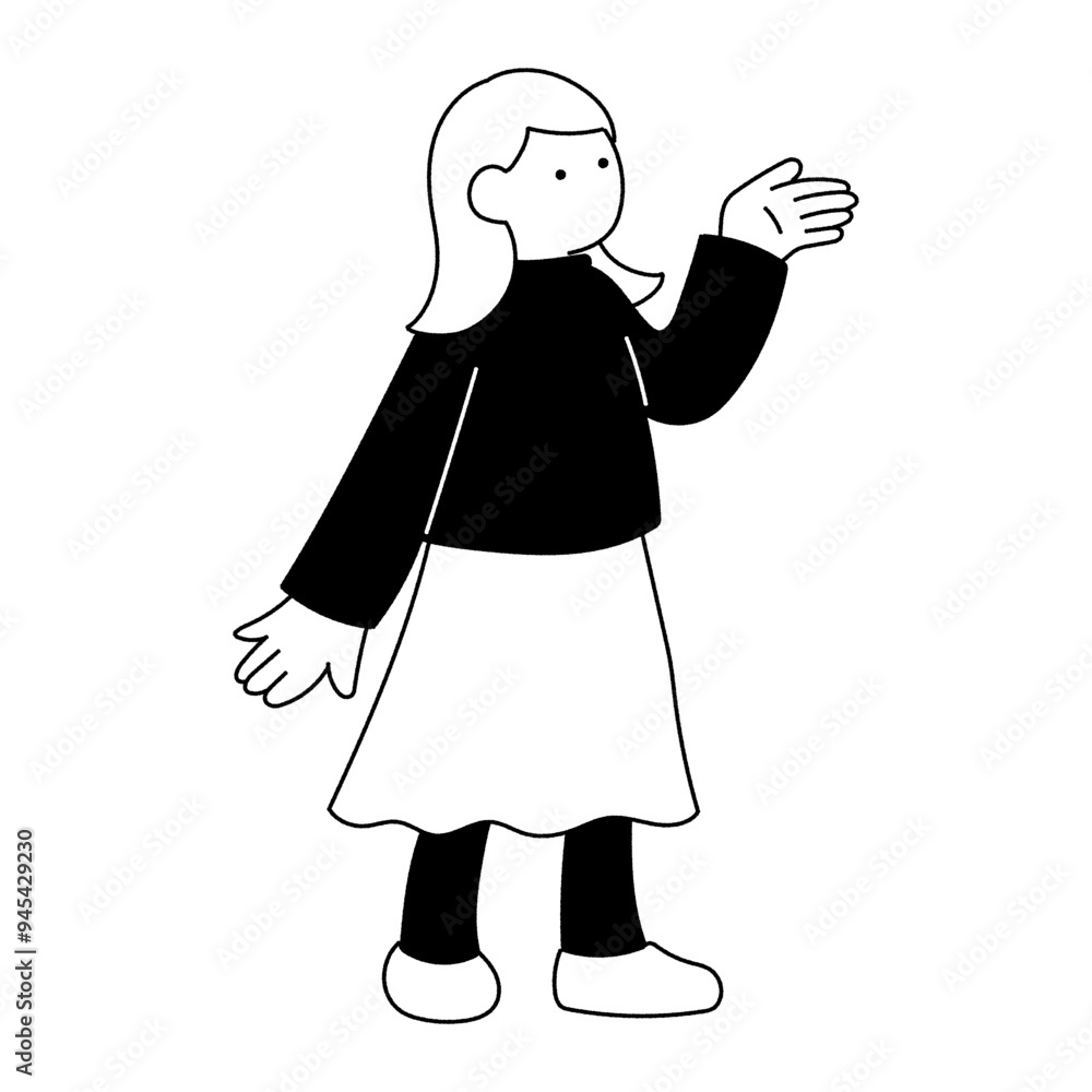 Fototapeta premium 手のひらを上に向けて立つ女性の単色イラスト 