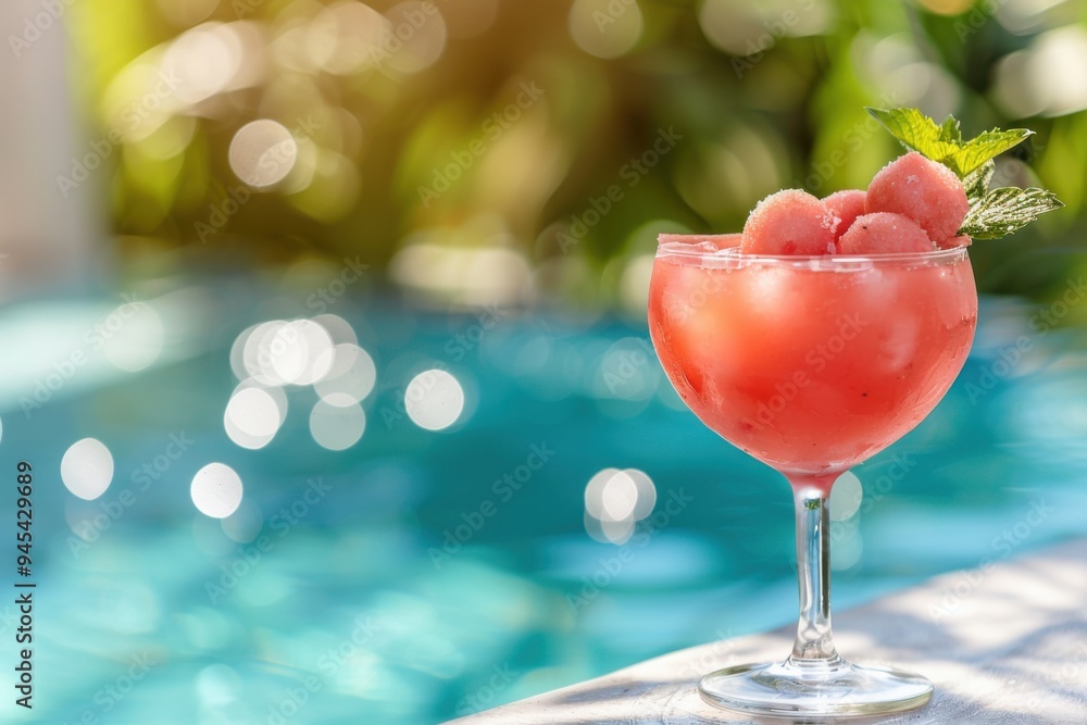 Watermelon Margarita with watermelon balls and mint, served in a clear glass, poolside background, copy space for text Watermelon Margarita with watermelon balls and mint, served in a clear glass, poolside background, copy space for text