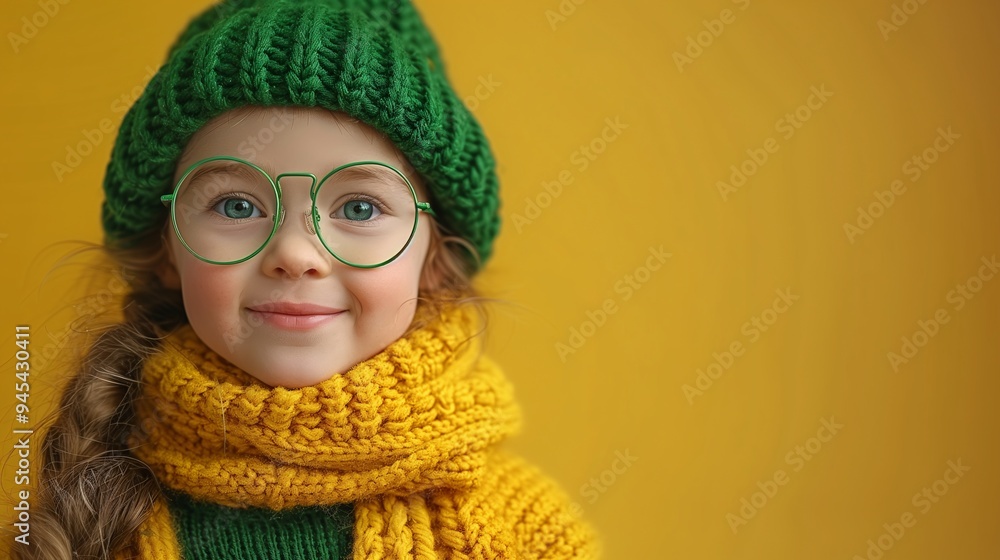 A cheerful young girl wearing a green knitted hat and glasses, wrapped in a yellow knitted scarf. She has a warm smile and is set against a bright yellow background. A cheerful young girl wearing a green knitted hat and glasses, wrapped in a yellow knitted scarf. She has a warm smile and is set against a bright yellow background.