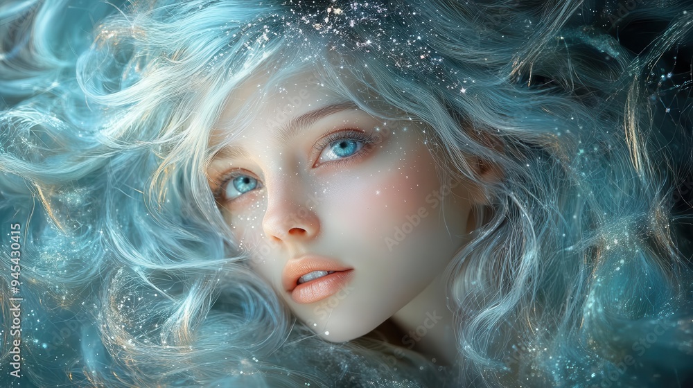 ethereal digital portrait of a celestial maiden with starry eyes flowing silver hair and a crown of constellations against a cosmic backdrop ethereal digital portrait of a celestial maiden with starry eyes flowing silver hair and a crown of constellations against a cosmic backdrop
