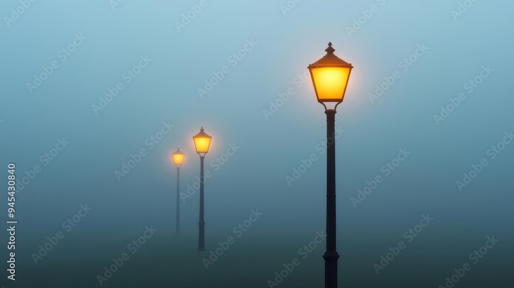 Glowing street lamps in a misty park at dawn, creating a serene atmosphere, early morning glowtime, calm and peaceful Glowing street lamps in a misty park at dawn, creating a serene atmosphere, early morning glowtime, calm and peaceful