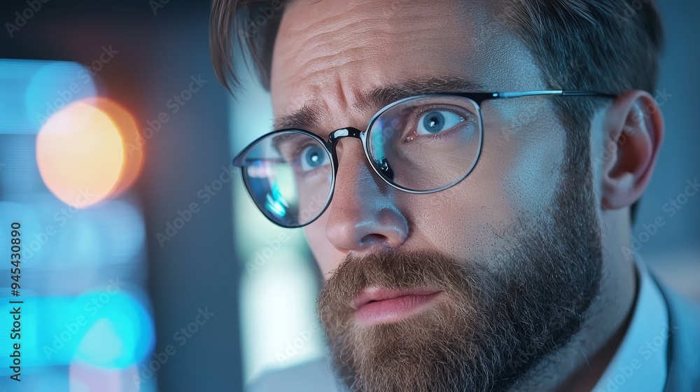 Close-up of a focused man with glasses, conveying concentration and deep thought in a modern workspace. Close-up of a focused man with glasses, conveying concentration and deep thought in a modern workspace.