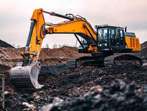 Futuristic electric excavator in a field  high tech digging with sharp front and large wheels