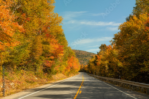 Narrow winding road among colorful autumn forest in mountains. Sunny day.