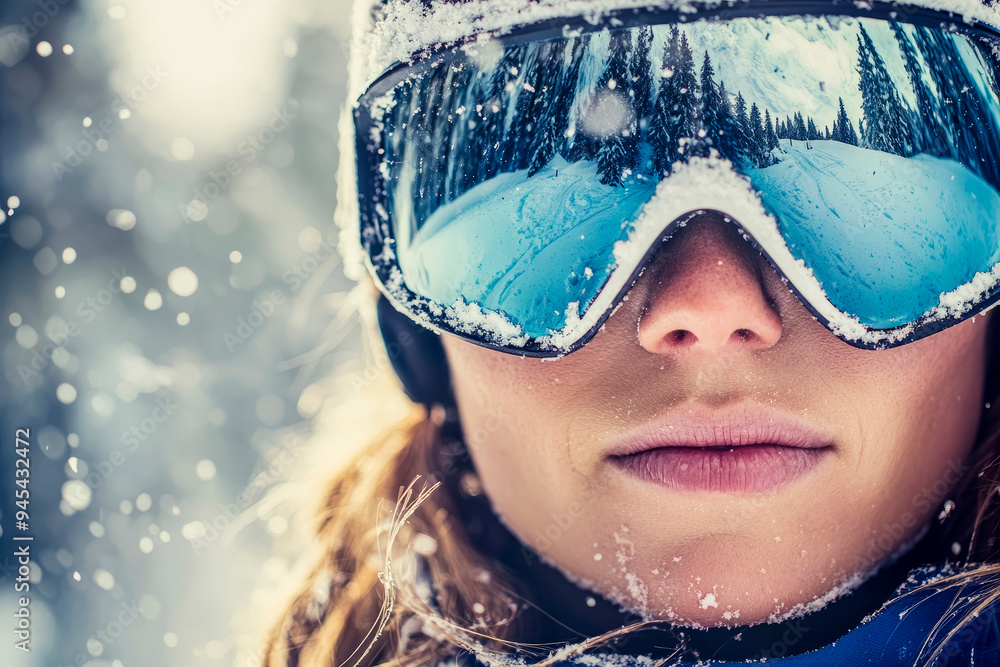 Close-up of skier wearing snow-covered reflective goggles in winter Close-up of skier wearing snow-covered reflective goggles in winter