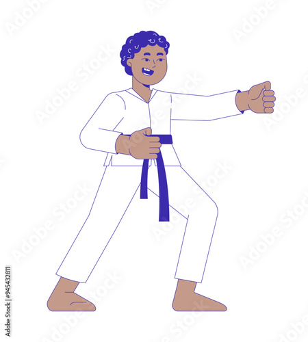 Martial arts kimono black boy training 2D cartoon character. Combat sport. African american male taekwondo kung fu child isolated person flat vector on white background. Spot illustration colorful