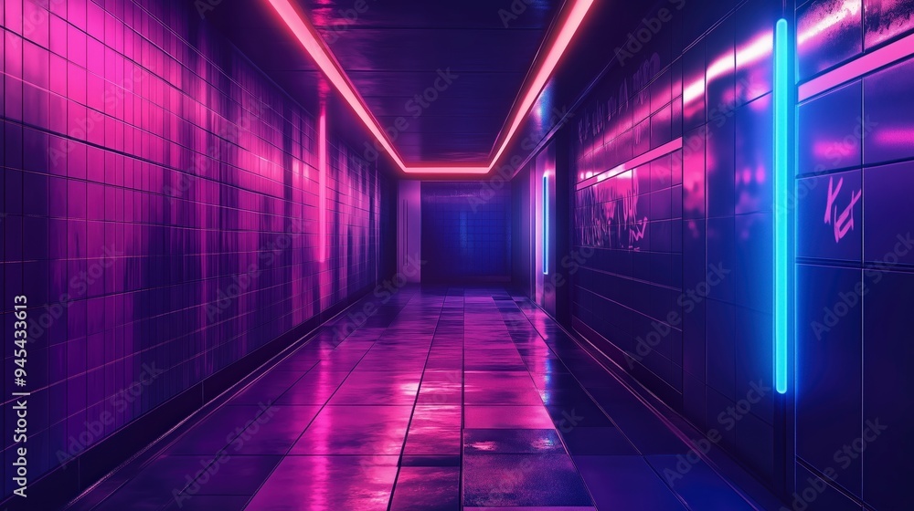 A futuristic corridor illuminated with vibrant neon lights and reflective surfaces. A futuristic corridor illuminated with vibrant neon lights and reflective surfaces.