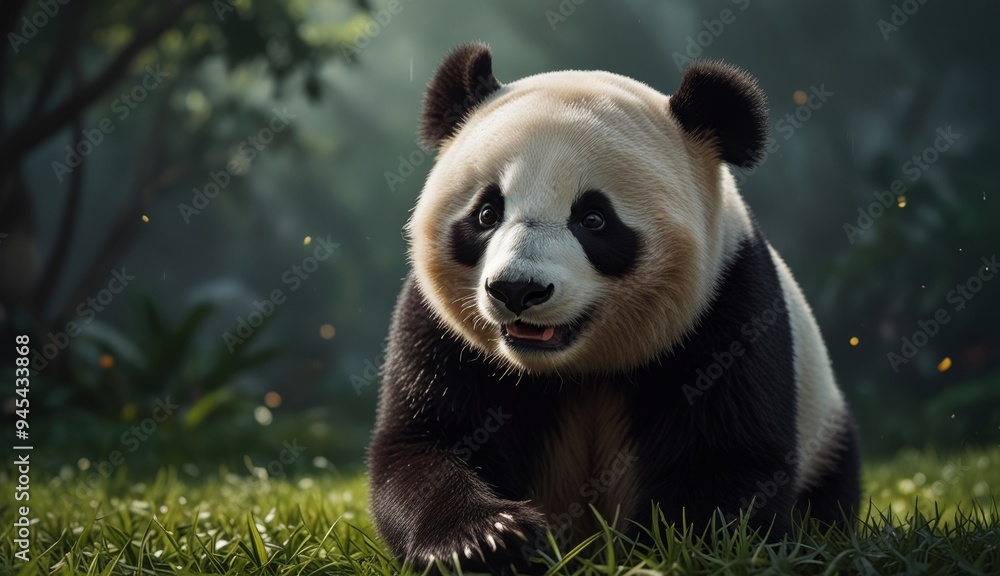 Fototapeta premium Playful Panda in Lush Greenery