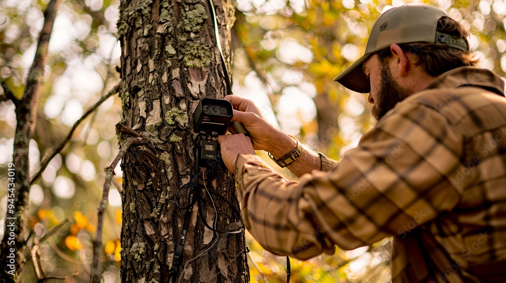 Naklejka premium A person installing a camera on a tree in a forest setting for wildlife monitoring.