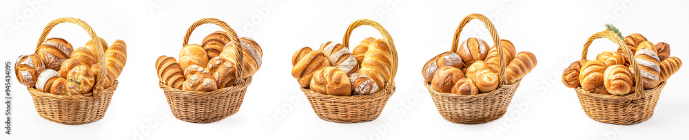 set of pastry bread in wooden basket on white background set of pastry bread in wooden basket on white background