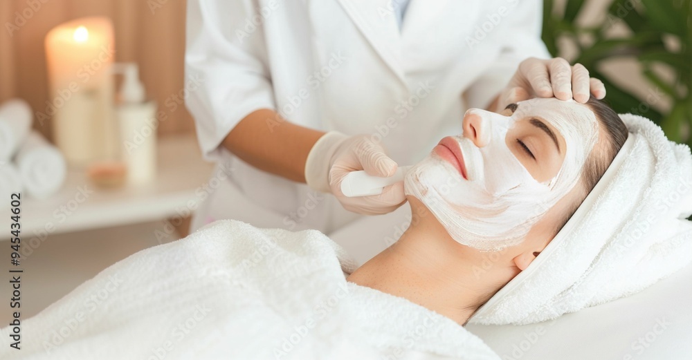 Obraz premium horizontal image, a woman, receiving a face mask. With copy space for text. Skincare treatment concept. For banner, design, salon, clinic, cosmetologist, web, promo