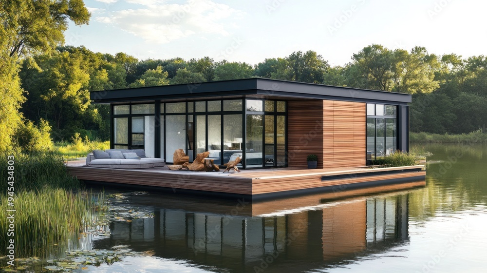 Modern house on stilts over a lake with large windows and a wooden deck. Modern house on stilts over a lake with large windows and a wooden deck.