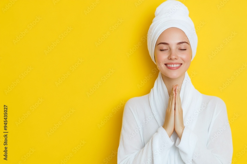 horizontal image, a portrait of a woman in a spa on an isolated yellow background. With copy space for text. Skincare treatment concept. For banner, design, salon, clinic, cosmetologist, web, promo horizontal image, a portrait of a woman in a spa on an isolated yellow background. With copy space for text. Skincare treatment concept. For banner, design, salon, clinic, cosmetologist, web, promo