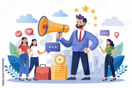 Recommendation, like or business feedback, office reputation, customer feedback or announce best quality promotion, recommend career concept, business people announce on megaphone with thumbs up. 
