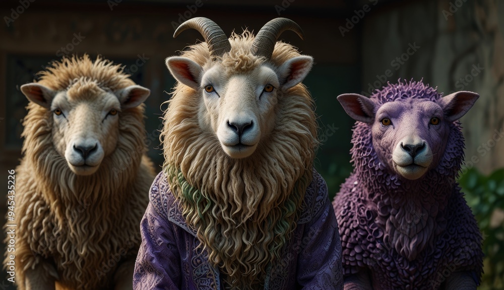 Obraz premium Whimsical Sheep Portraits in Colorful Attire