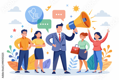 Recommendation, like or business feedback, office reputation, customer feedback or announce best quality promotion, recommend career concept, business people announce on megaphone with thumbs up. 
