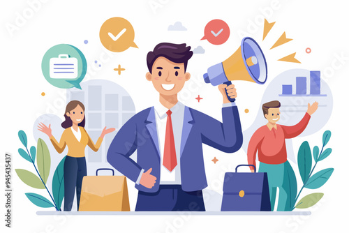 Recommendation, like or business feedback, office reputation, customer feedback or announce best quality promotion, recommend career concept, business people announce on megaphone with thumbs up. 
