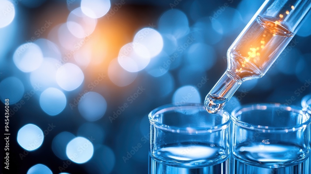 Close-up of a dropper releasing a liquid into a laboratory glass, creating a vibrant bokeh effect in the background. Close-up of a dropper releasing a liquid into a laboratory glass, creating a vibrant bokeh effect in the background.