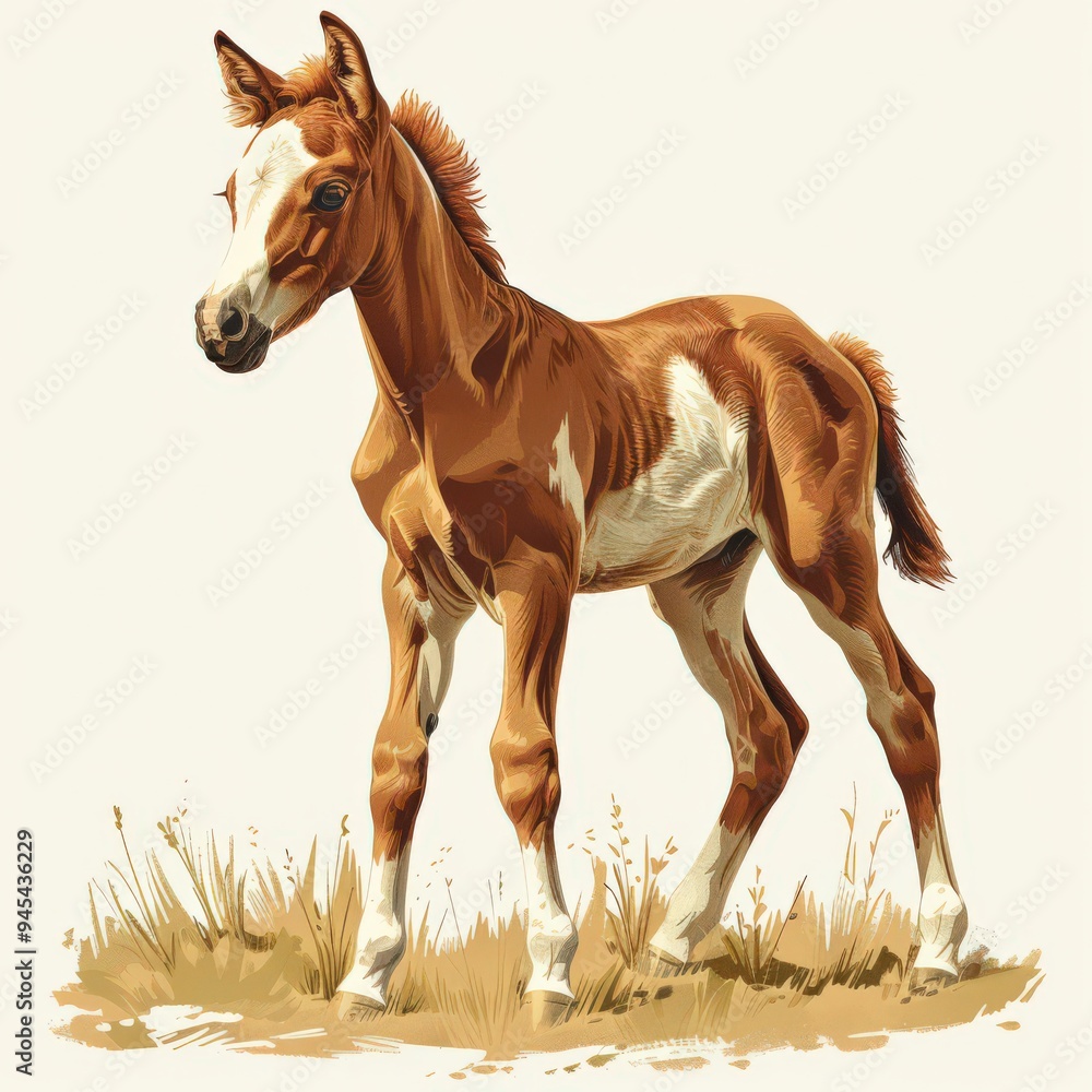 Fototapeta premium A brown and white foal stands in a field of grass, its head turned to the side. The foal has a white blaze on its face and white markings on its legs