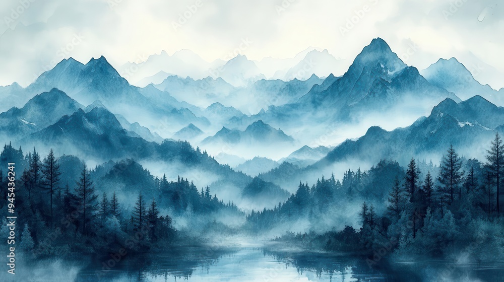 Obraz premium ethereal watercolor landscape of majestic mountain range misty peaks fading into distance soft pastel hues evoking sense of tranquility and awe