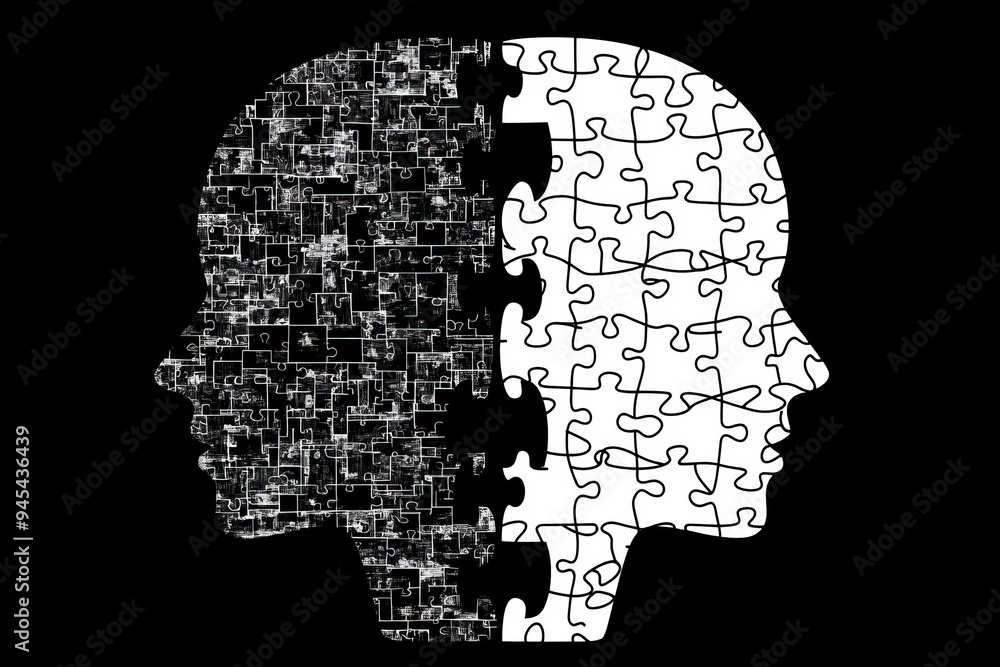 Monochromatic Puzzle Silhouette of a Human Head Depicting the Complexity and Fragmentation of Thought Processes in an Abstract Artistic Style Monochromatic Puzzle Silhouette of a Human Head Depicting the Complexity and Fragmentation of Thought Processes in an Abstract Artistic Style