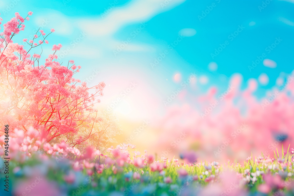 beautiful spring or summer background with trees and flowers and blue sky with clouds beautiful spring or summer background with trees and flowers and blue sky with clouds