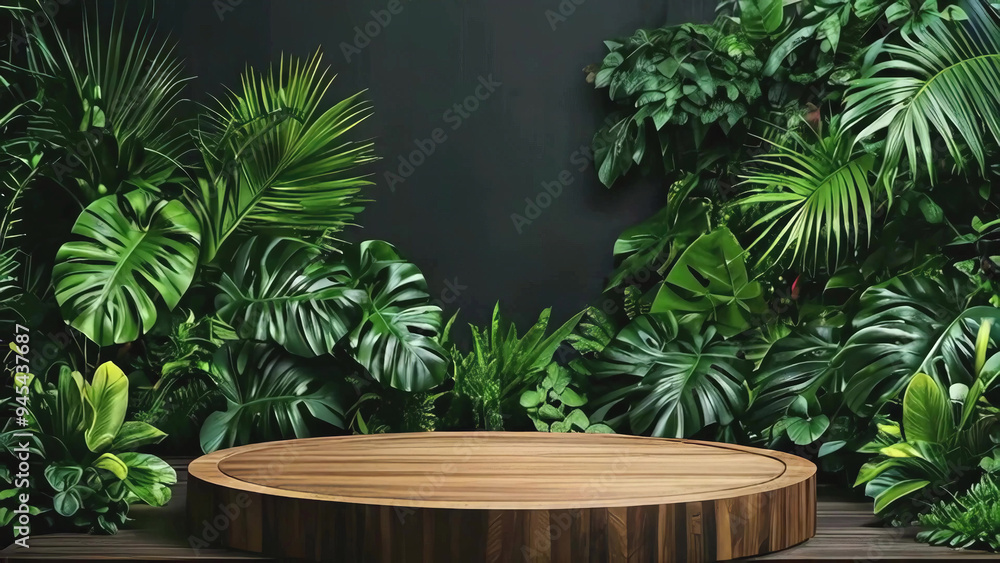 Fototapeta premium Wooden podium platform for products and advertising with growing palm bushes in the background, ideal for promotional and marketing displays new stock image illustration AI