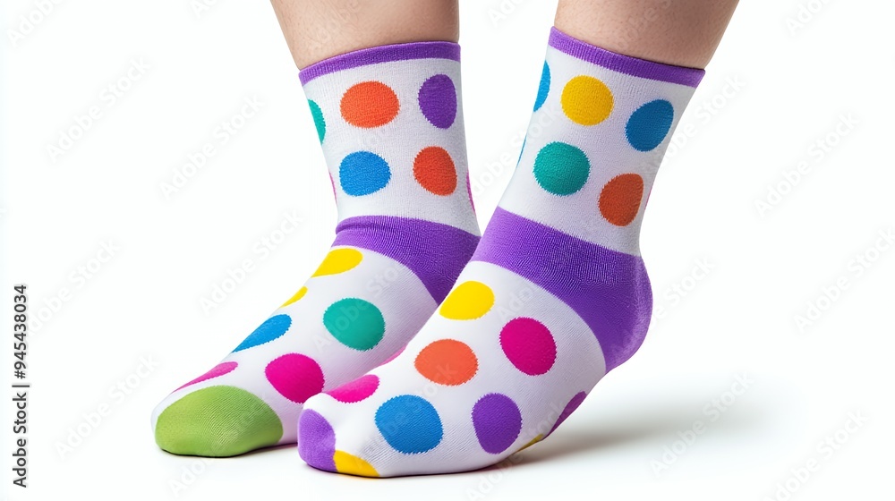 Colorful polka dot socks on a pair of feet, showcasing a playful and vibrant design. Colorful polka dot socks on a pair of feet, showcasing a playful and vibrant design.
