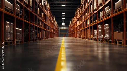 Wallpaper Mural Central warehouse aisle with a bright yellow guideline, enhancing navigation, safety, and efficient logistics management in storage and supply chain facilities. Torontodigital.ca