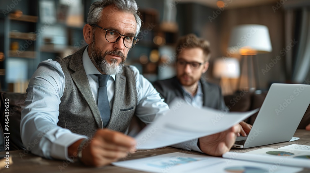 Two business professionals in a modern office setting. One man, with gray hair and glasses, is reviewing documents, while the other, younger man, is seated behind him, working on a laptop. Two business professionals in a modern office setting. One man, with gray hair and glasses, is reviewing documents, while the other, younger man, is seated behind him, working on a laptop.