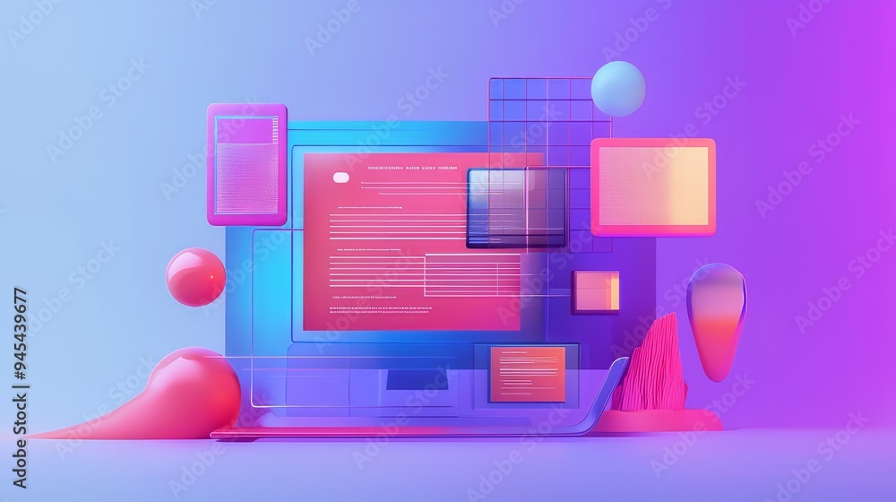 Concept of assembling a web page from modules that fly around the display. The web design studio concept page is on the display Concept of assembling a web page from modules that fly around the display. The web design studio concept page is on the display