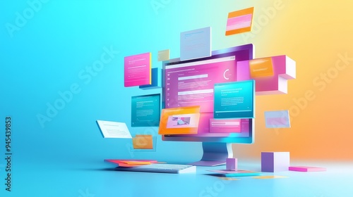 Concept of assembling a web page from modules that fly around the display. The web design studio concept page is on the display
