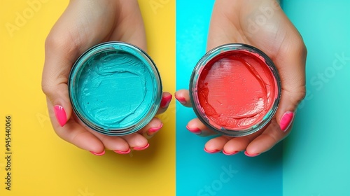 A person holding two jars of paint, one turquoise and one coral, against a split background of yellow and turquoise. The hands are well-manicured with pink nail polish. photo