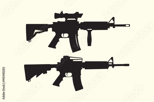 Graphic black detailed silhouette pistols, guns, rifles, submachines, revolvers and shotguns. Isolated on white background