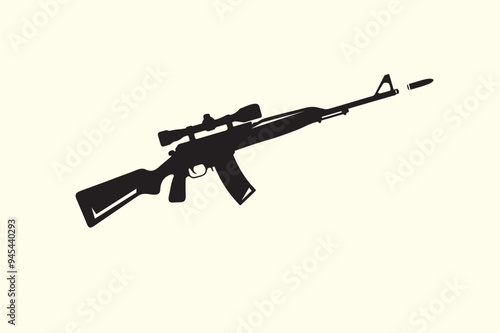 Graphic black detailed silhouette pistols, guns, rifles, submachines, revolvers and shotguns. Isolated on white background