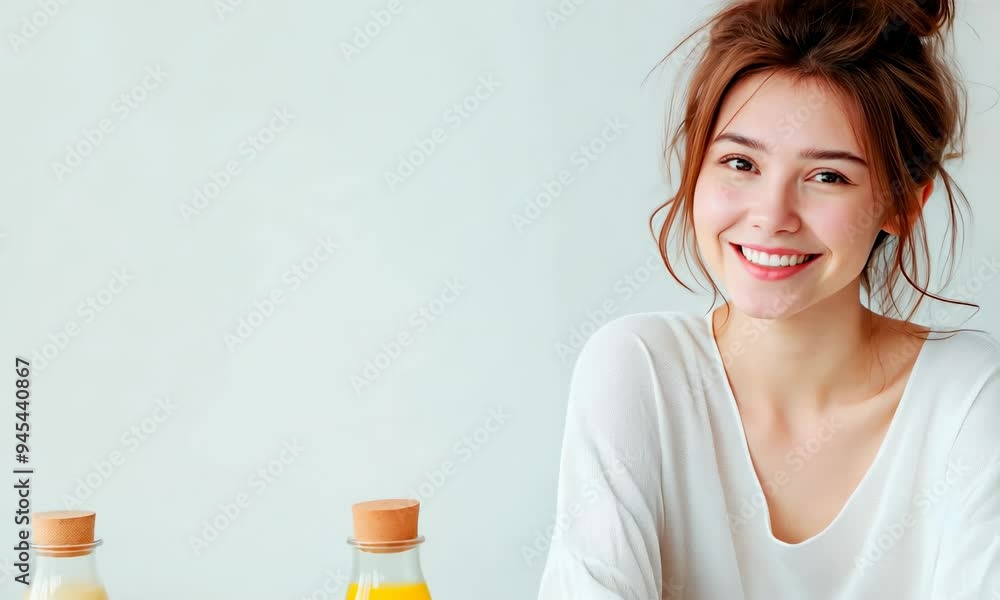 young woman smiling in front of her natural products. symbol of health young woman smiling in front of her natural products. symbol of health