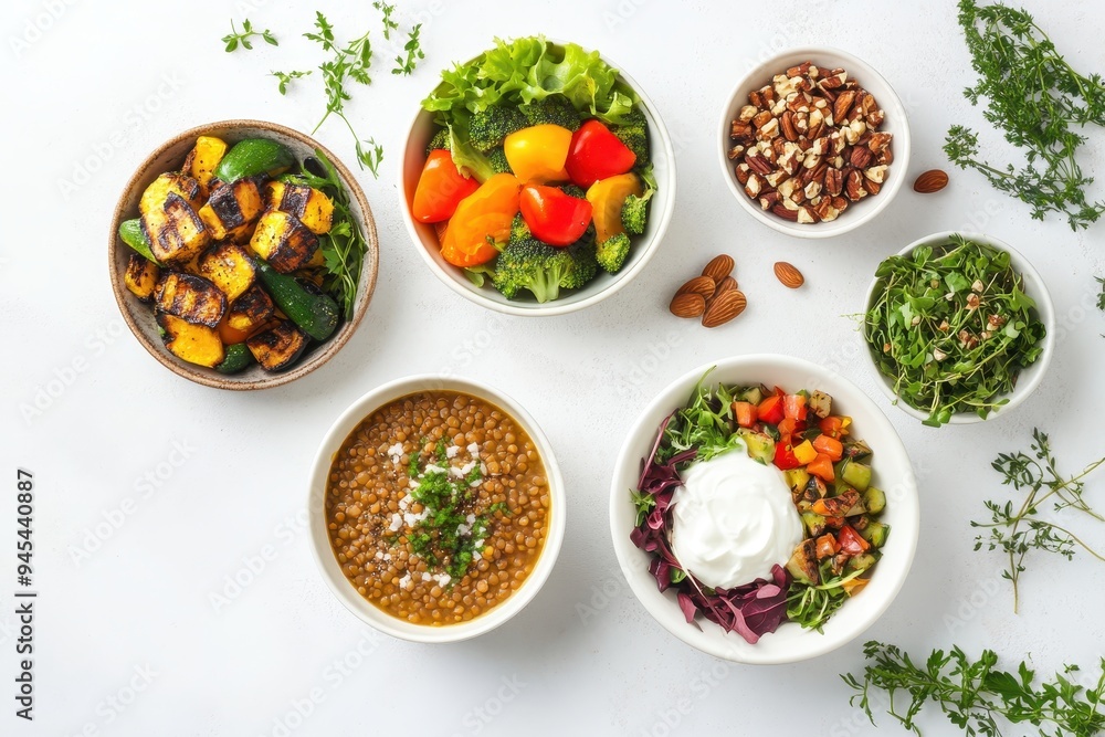 A vibrant assortment of healthy dishes featuring salads, vegetables, and lentil soup. A vibrant assortment of healthy dishes featuring salads, vegetables, and lentil soup.