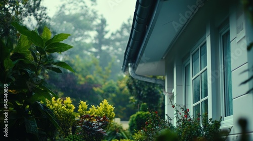 Wallpaper Mural A side view of a house with a window and a gutter, with lush greenery in the foreground. Torontodigital.ca
