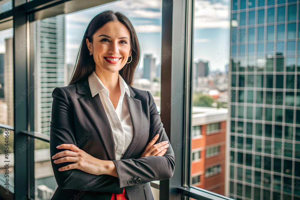 A confident businesswoman in a tailored suit, standing with arms crossed and smiling in front of a large office window with cityscape views A confident businesswoman in a tailored suit, standing with arms crossed and smiling in front of a large office window with cityscape views