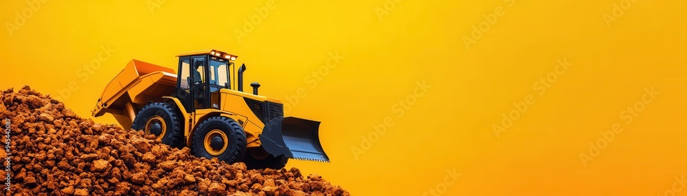 A vibrant construction scene featuring a yellow loader on a mound of earth against a bright orange background. A vibrant construction scene featuring a yellow loader on a mound of earth against a bright orange background.