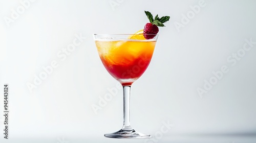 A colorful cocktail garnished with a raspberry and slice of orange in a clear glass, placed against a clean white background, highlighting freshness and indulgence.