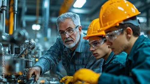 Experienced Engineer Mentoring Young Apprentices in a Factory.