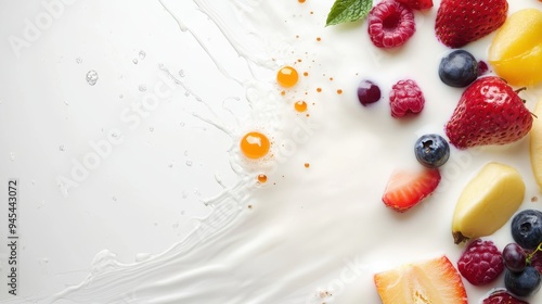 splash milk and mixed fruit on the white background 