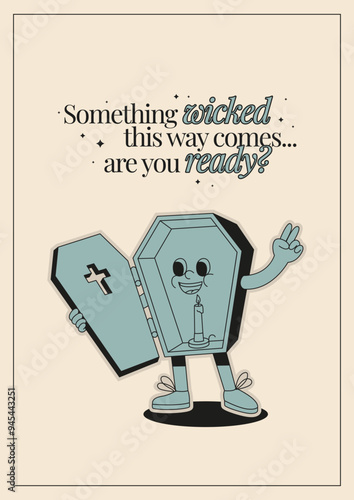 Halloween poster with a retro cartoon character. Wall decor or t-shirt design in spooky vintage style.	
