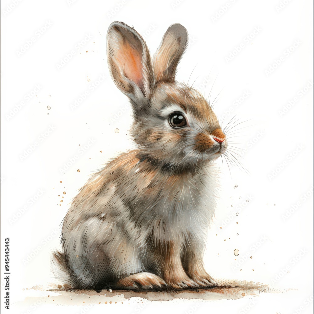 Obraz premium A watercolor painting of a brown and grey rabbit sitting on the ground, looking off to the side with curious eyes
