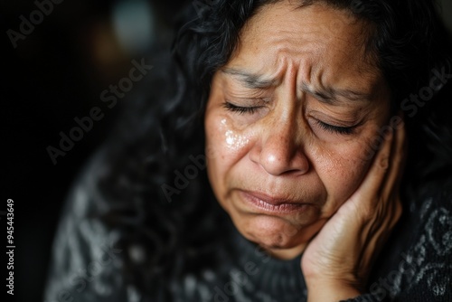 A woman with tears streaming down her face, displaying raw emotion and vulnerability, captures an intense moment of sadness and empathy, provoking deep contemplation.