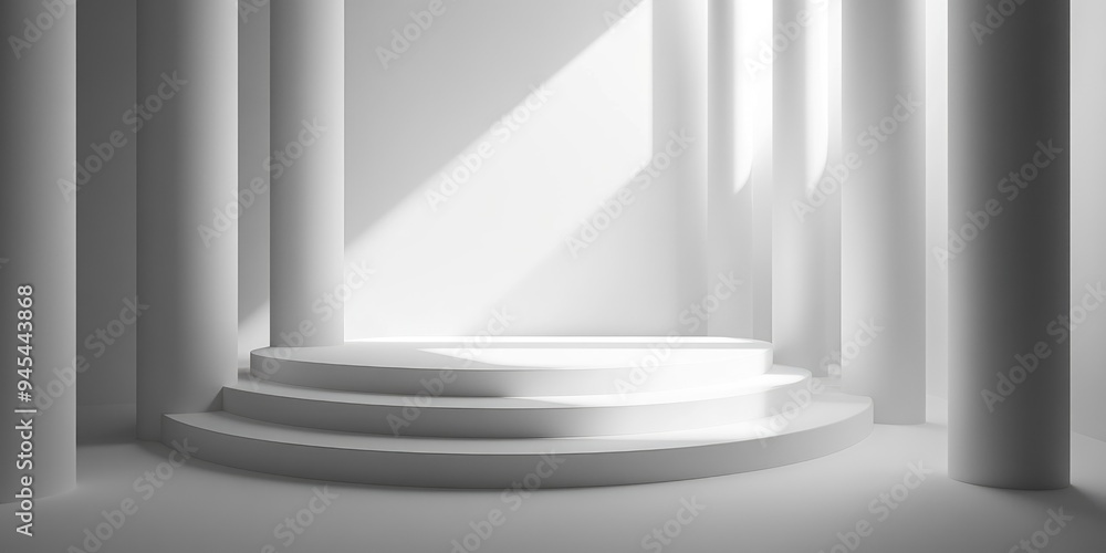 Obraz premium 3D rendering of a white cylindrical podium featuring geometric walls that create a stage like appearance