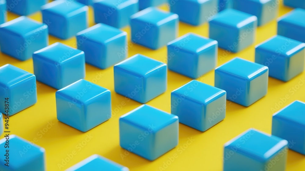 3D illustration featuring rows of blue cubes forming a parallelogram pattern Arrangement of chewing gum against a yellow backdrop Geometric technology background 3D illustration featuring rows of blue cubes forming a parallelogram pattern Arrangement of chewing gum against a yellow backdrop Geometric technology background