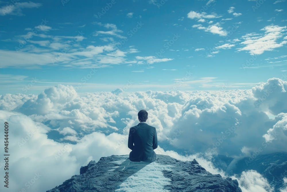 A person in a suit sitting on a mountain peak above the clouds, meditating under a clear blue sky. A person in a suit sitting on a mountain peak above the clouds, meditating under a clear blue sky.